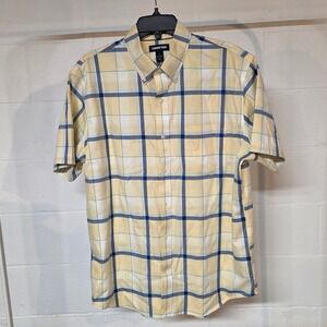 Lands' End Mens Large Yellow Blue Plaid Short Sleeve Button Shirt Traditional